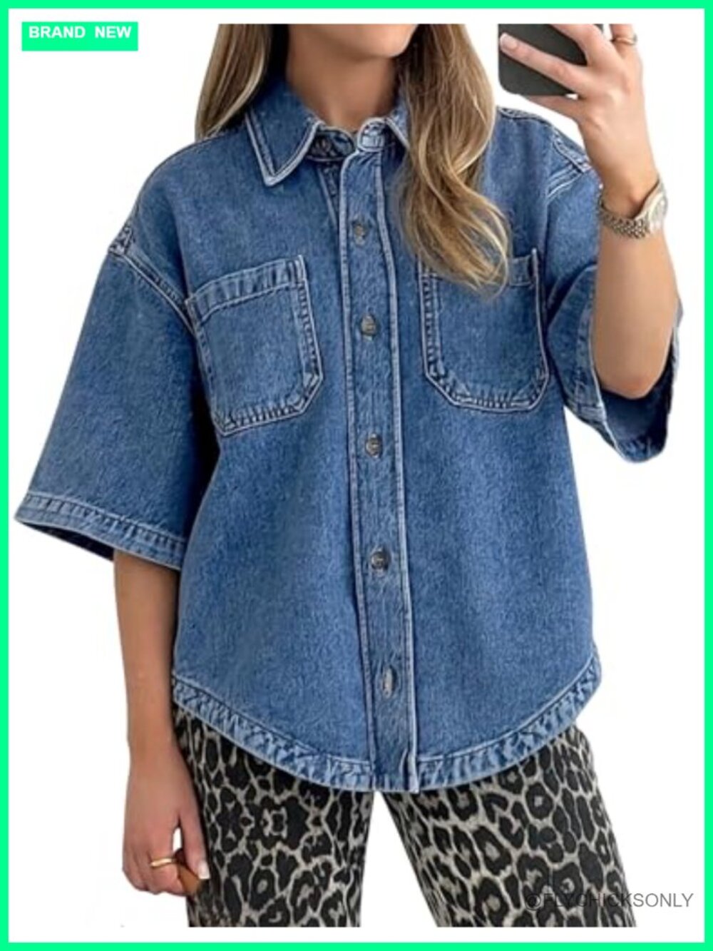 Kedera Denim Button Down Shirt Short Sleeve V-Hem Oversized Top